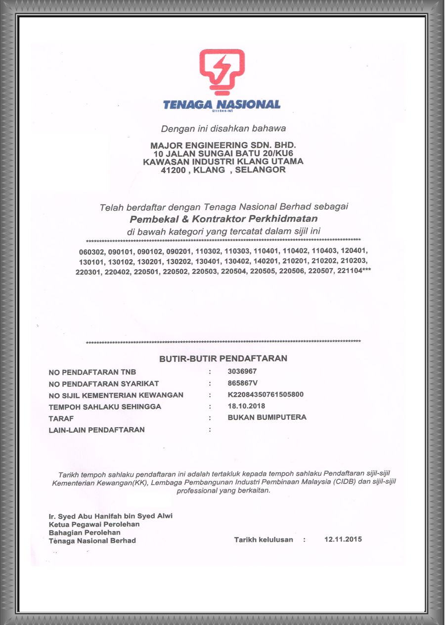 Tenaga Nasional Berhad supplier and service contractor registration certificate