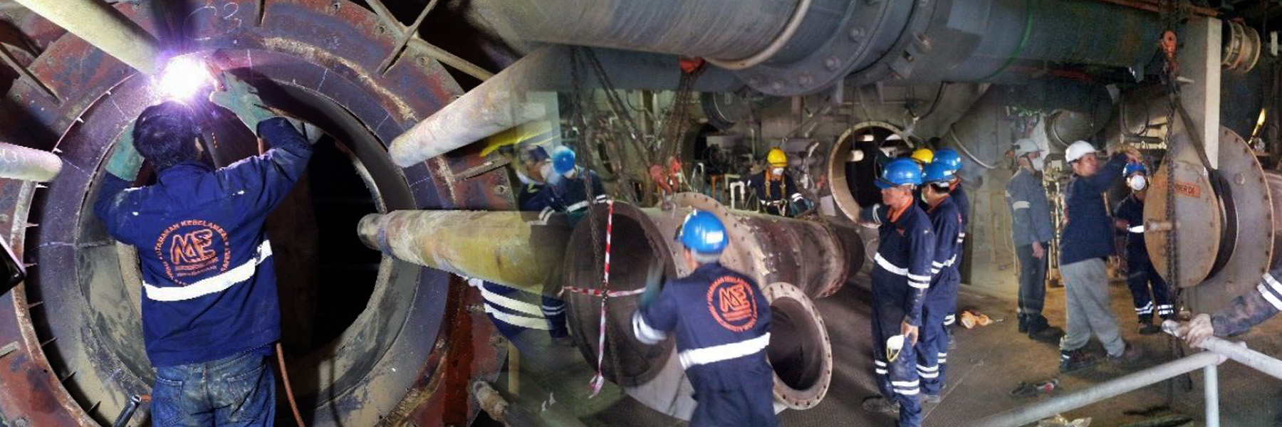 Major Engineering crew carrying out repair work inside a large plant vessel